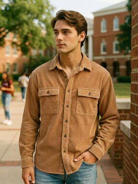 Original Use Mens M Corduroy Shirt Tan Cotton Solid Button Down Elevated Utility